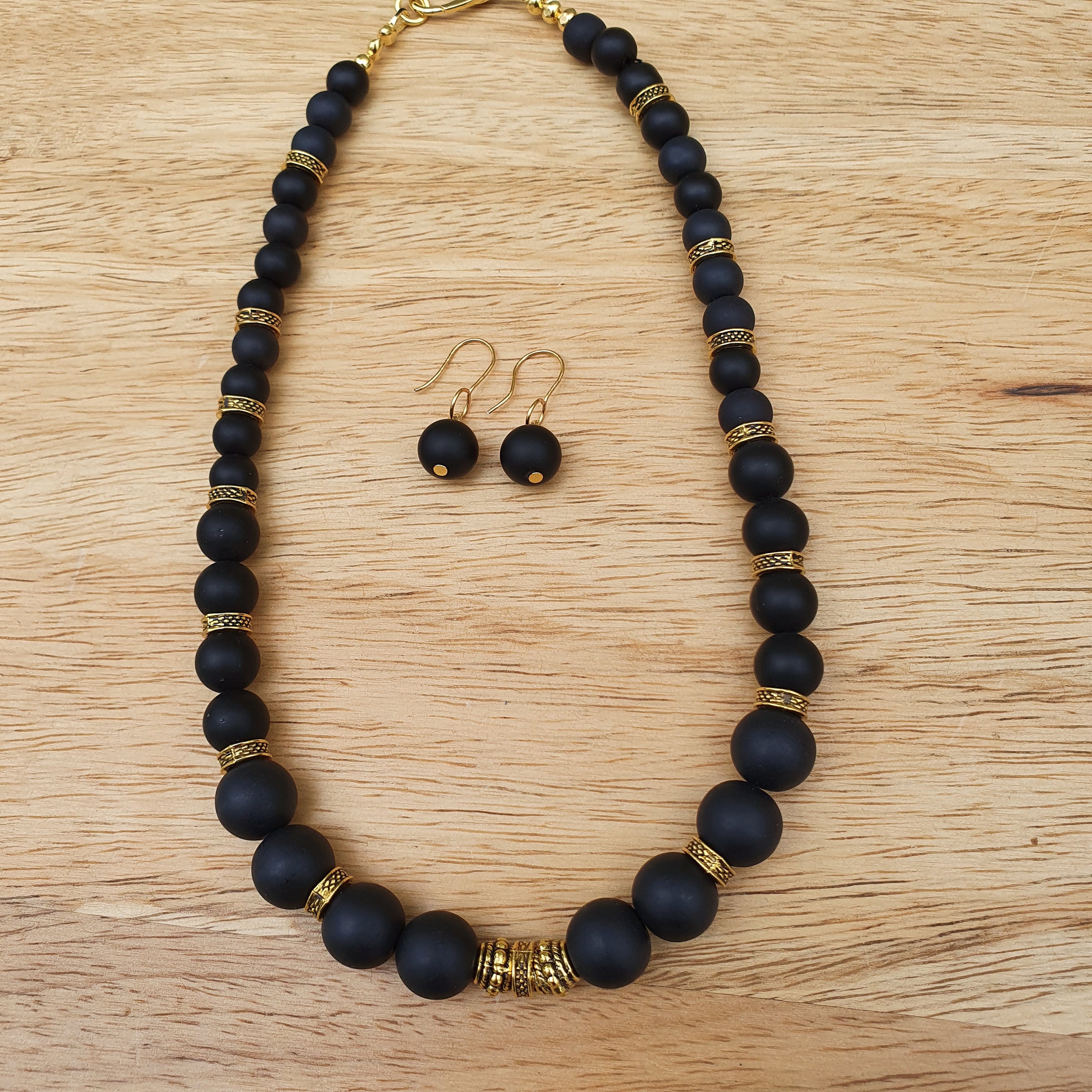 Black and Gold Beaded Necklace & Earrings Setlarge Black Bead - Etsy UK