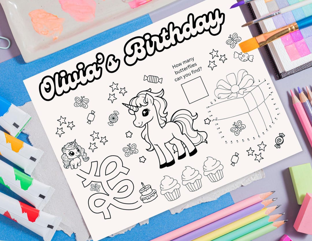 Unicorn Activity Placemat, Birthday Coloring Page, Printable Party Game ...