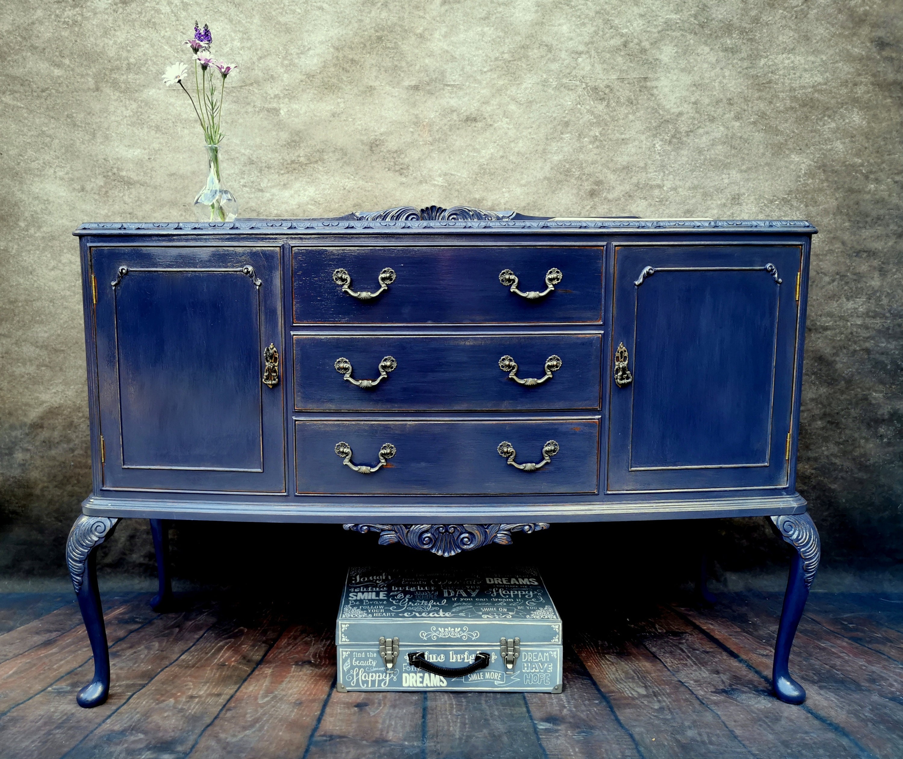 Antique Sideboard Painted Navy Blue Queen Ann Style Etsy