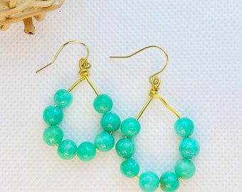 Turquoise Teardrop Earrings;teal small round stones;rain drop shaped earrings;round beaded hoop earrings