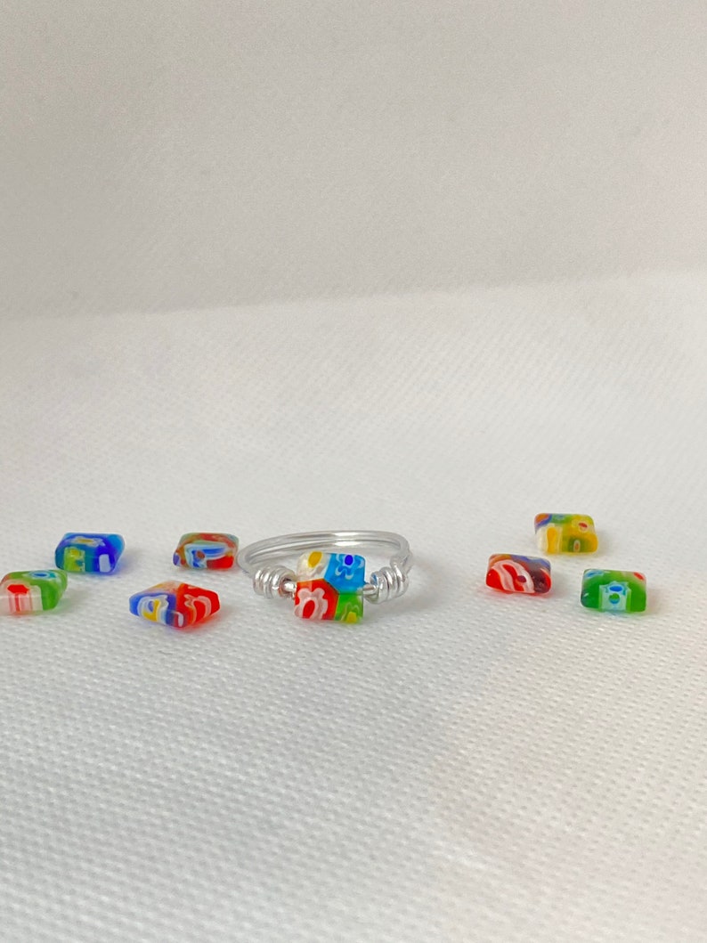 Millefiori Ring Square ring Colorful ring Wire wrapped ring Silver wrapped ring Square cute glass ring Flower glass ring Aesthetic Rings