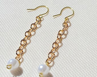 Pearl Drop Earrings, simplistic pearl earrings, gold earrings, drop chain earrings,long pearl earrings, pearl dangle earrings