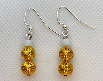 Milky Gold Earrings;patterned gold beads;silver wire earrings