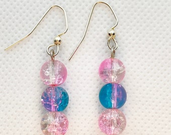 Mermaid Earrings;clear pink and blue earrings;small drop down jewelry