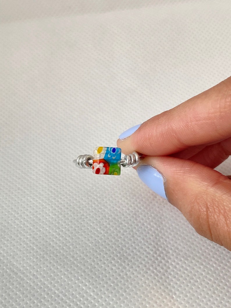 Millefiori Ring Square ring Colorful ring Wire wrapped ring Silver wrapped ring Square cute glass ring Flower glass ring Aesthetic Rings