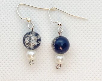 Midnight Snow Earrings Black and clear beads Pearl jewelry Handmade earrings Statement earrings Dangle jewelry