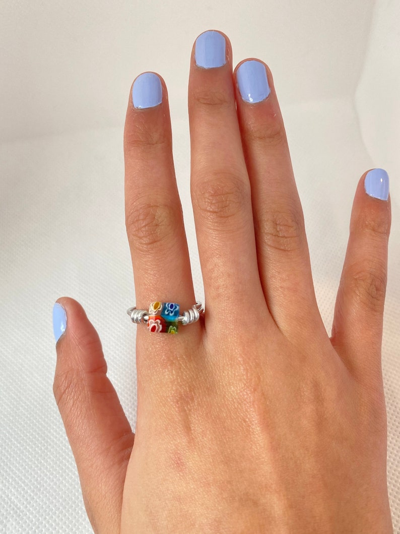 Millefiori Ring Square ring Colorful ring Wire wrapped ring Silver wrapped ring Square cute glass ring Flower glass ring Aesthetic Rings