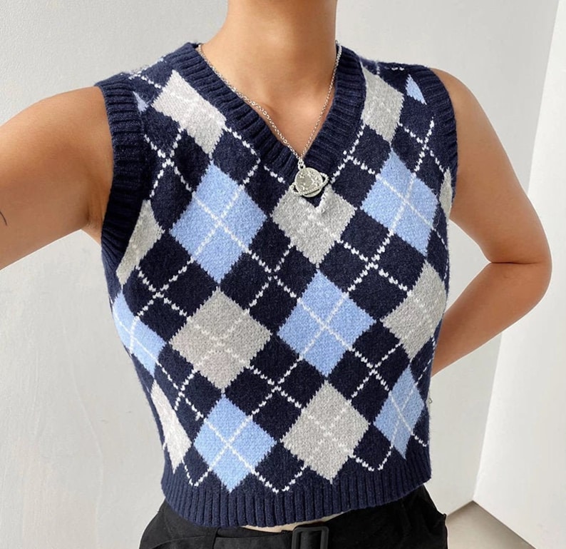 Cropped Plaid Argyle Sweater Vest/ Blue-Black Preppy | Etsy