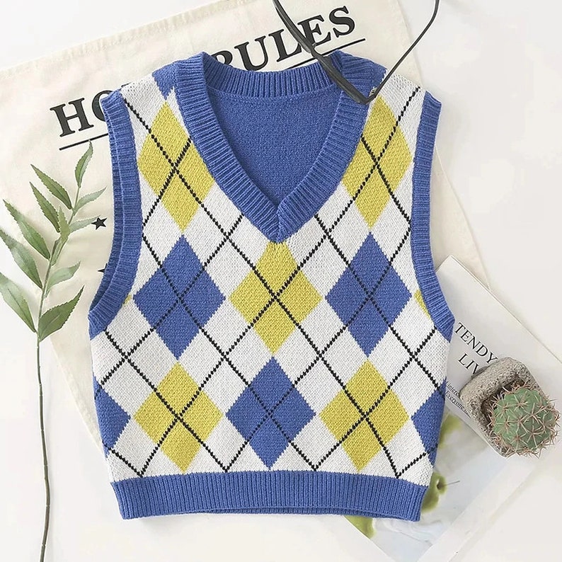 Yellow-White Cropped Argyle Sweater Vest/ Blue Plaid Preppy | Etsy