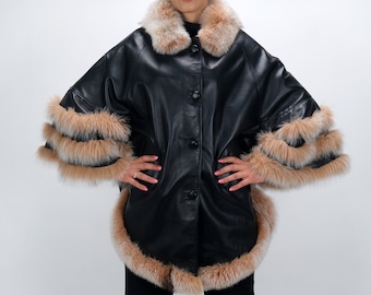 Real leather black half coat trimmed with beige fox / natural leather / natural fox fur / modern design / elegant coat style / luxury gifts
