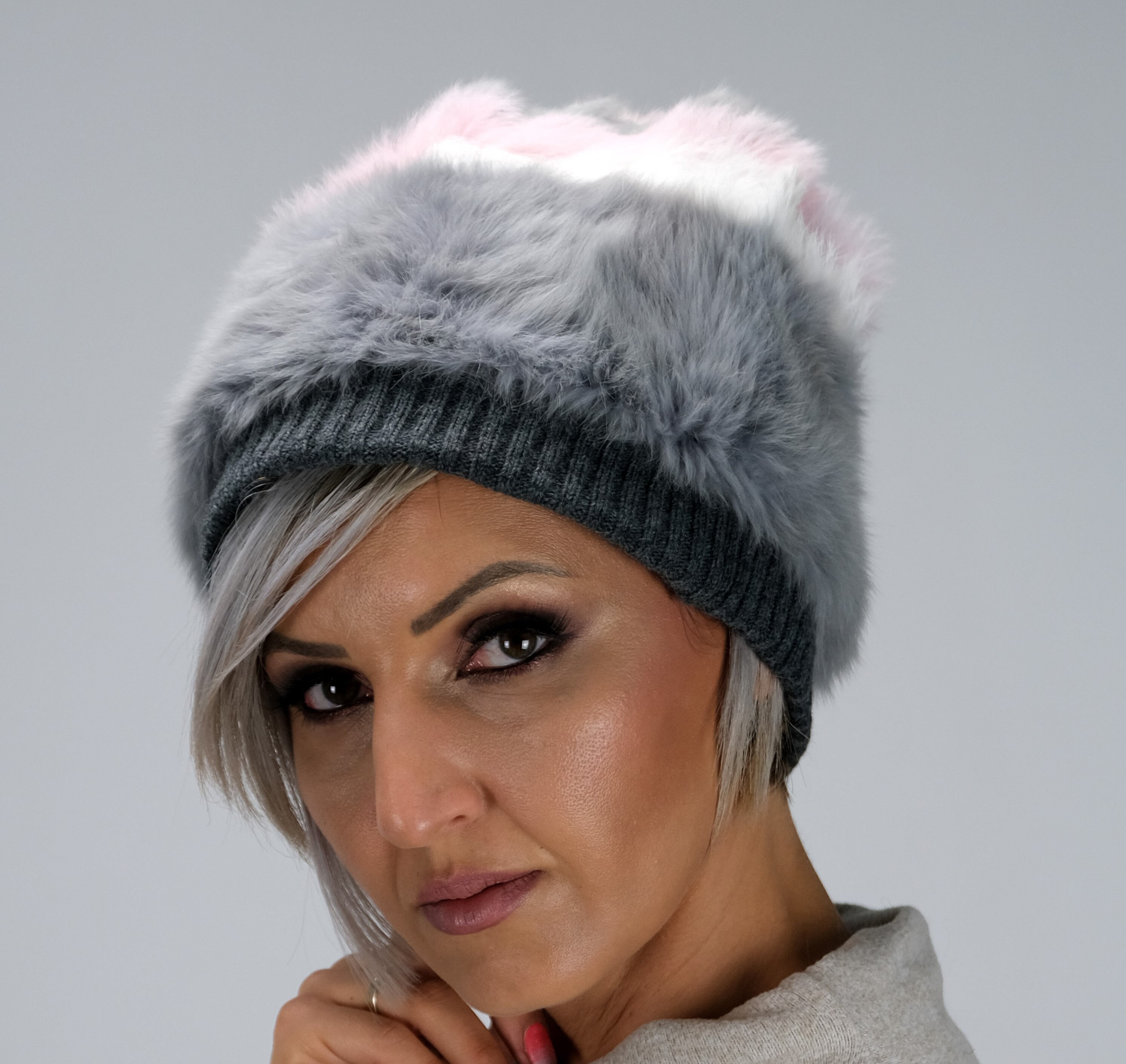 Rabbit real fur dyed color knitted  hat; new Shop Limited Run Rex Rabbit Textile Knit Beanie with Fox Pom  main image 4