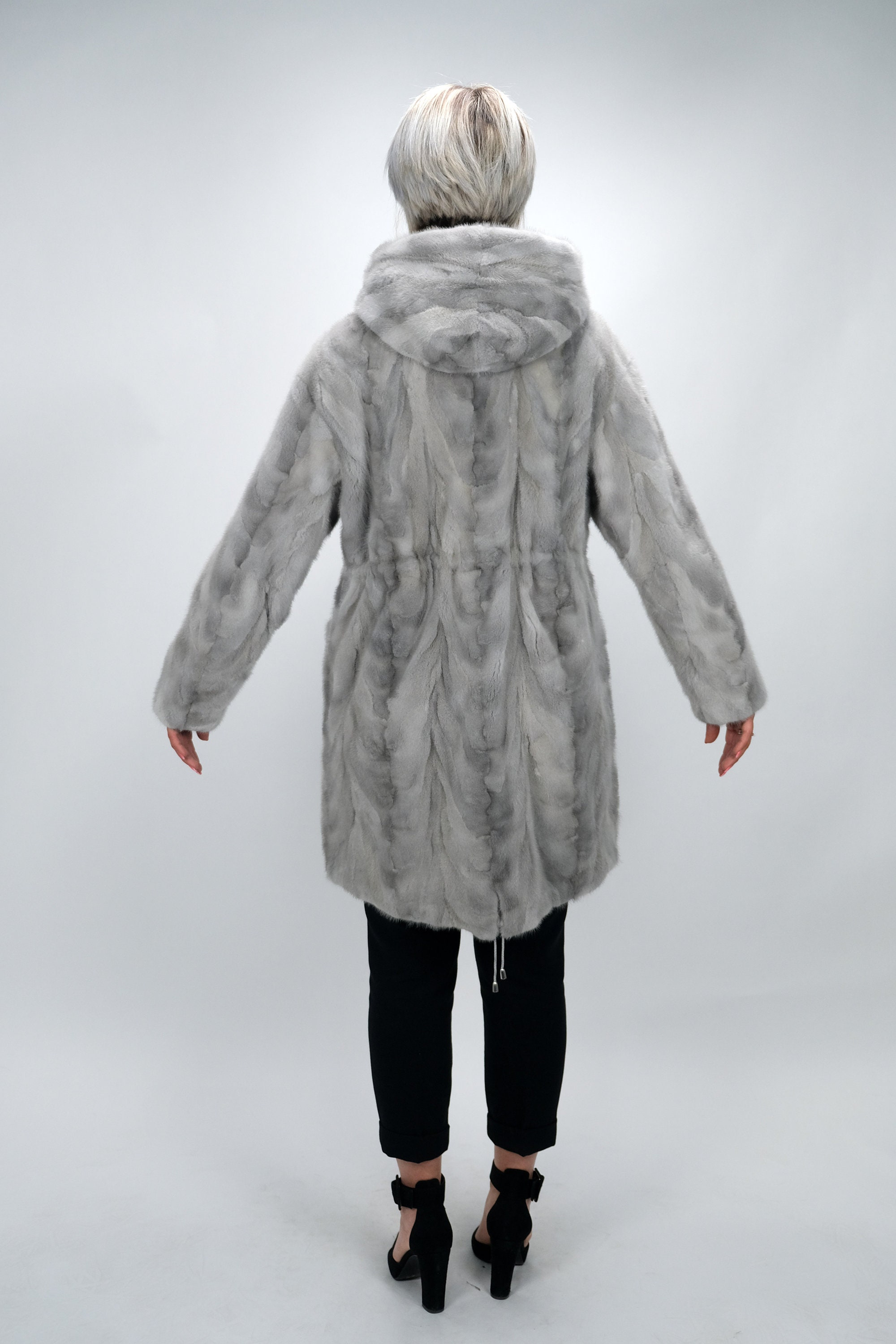 Real Fur Mink Sapphire Sections Hooded Half Coat Parka / Natural 