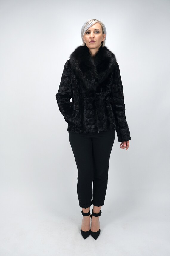 Real Fur Mink Black Sections Collared Jacket / Natural Mink  display picture 3