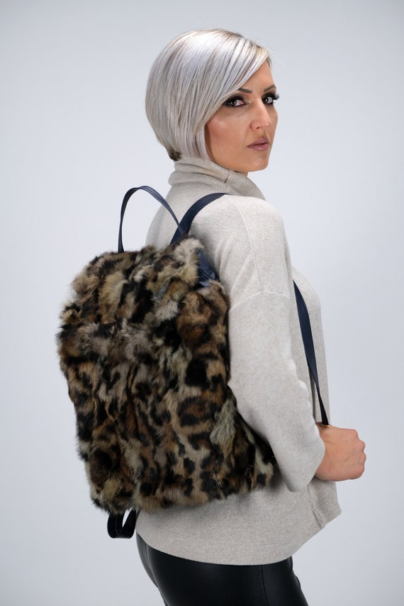 Real rabbit fur  Leopard Print Backpack Leopard Backpack, Animal Print Cheetah Brown Men Women Kids  main image 2