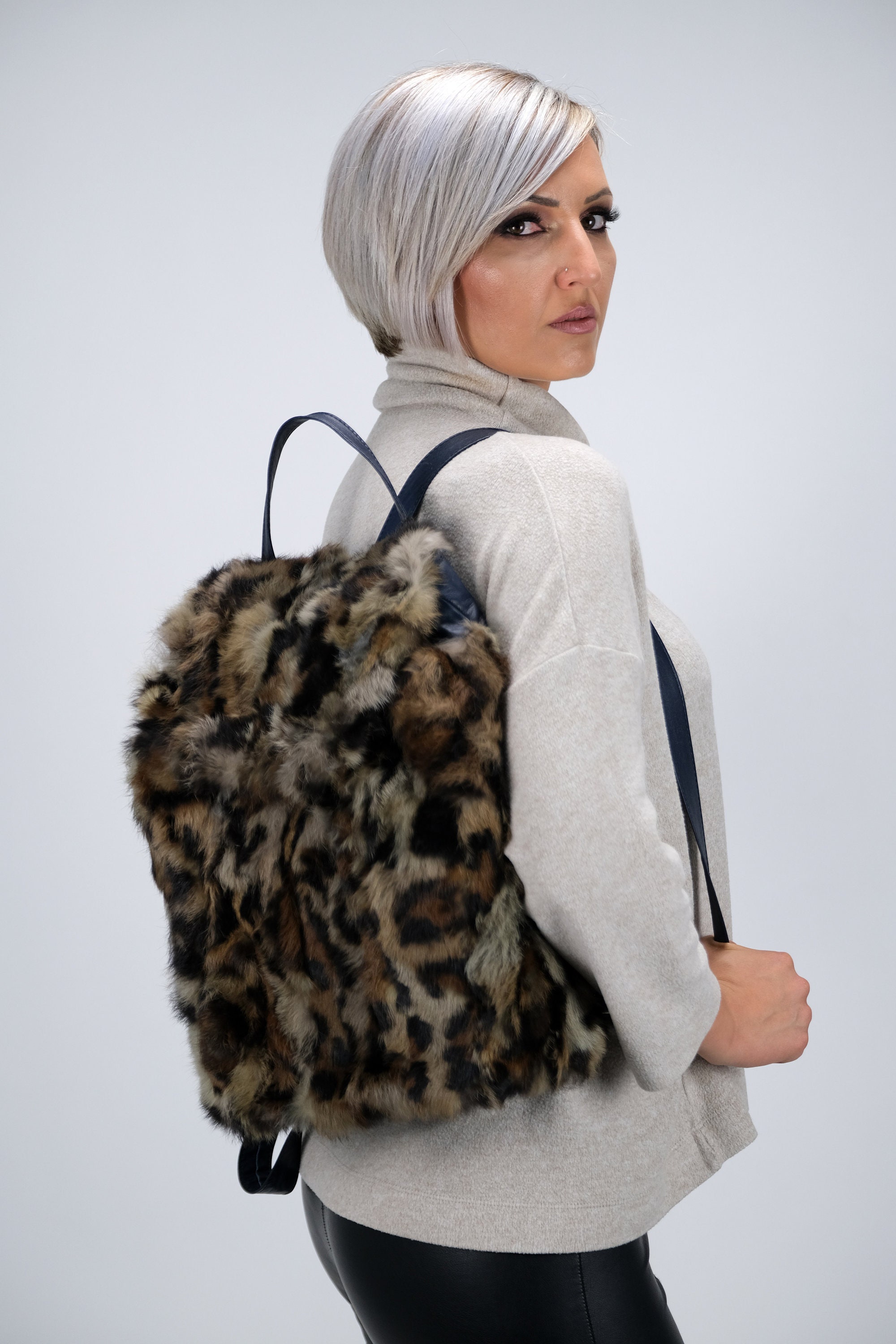 ?GORGEOUS!?Metallic Silver Leather and Rabbit Fur Large Backpack Silver Metallic Leather Pocket Backpack | Stylish  main image 3