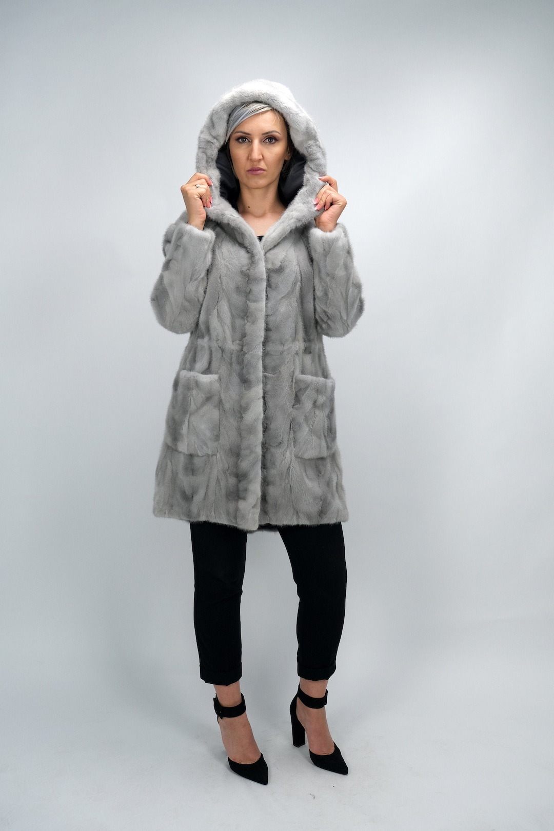 Real Fur Mink Sapphire Sections Hooded Half Coat Parka / Natural 