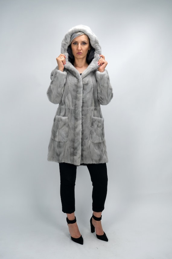 Real Fur Mink Sapphire Sections Hooded Half Coat Parka Real Fur Mink Sapphire Sections Hooded Half Coat Parka