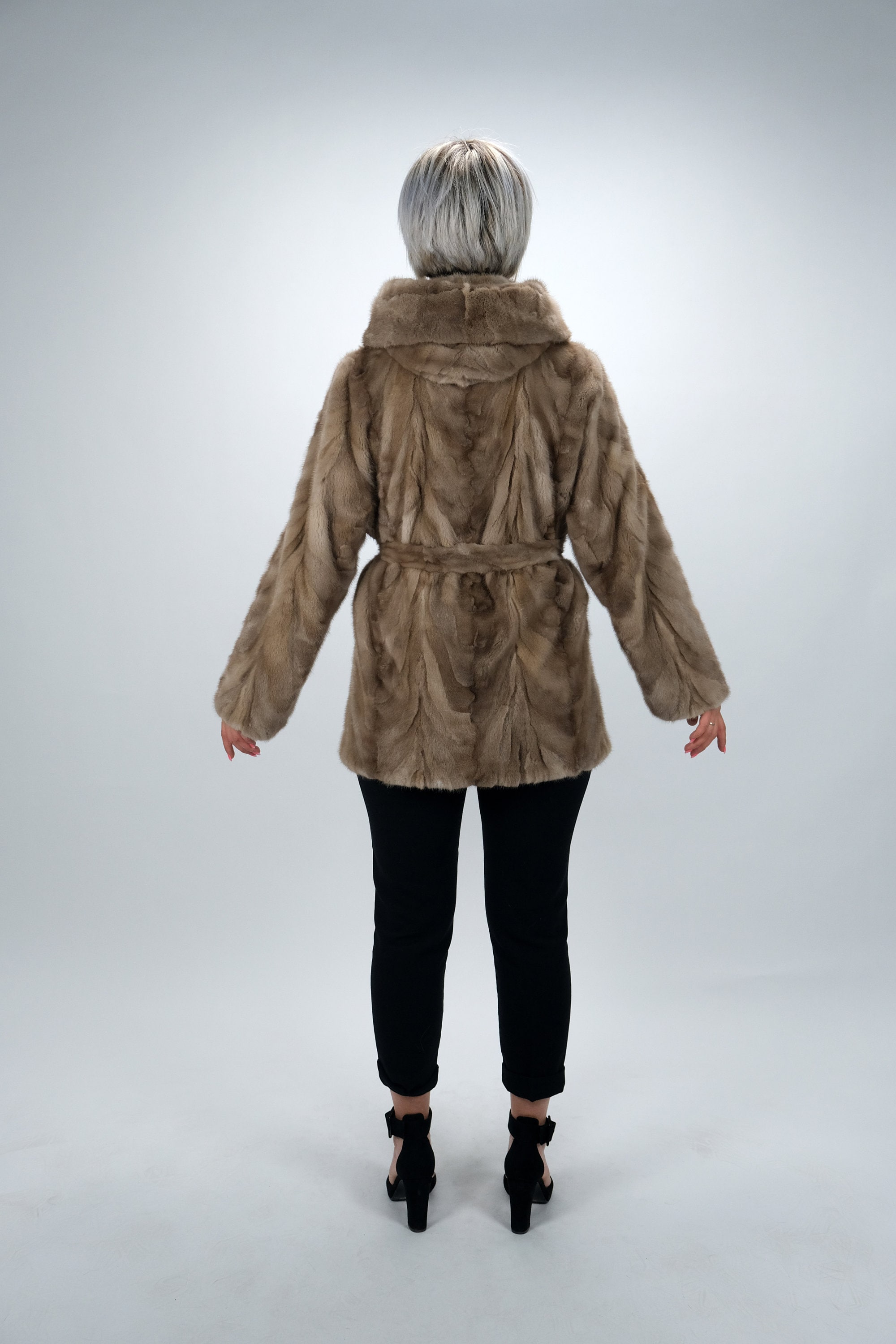 Real Fur Mink Pastel Sections Hooded Half Coat / Natural Real Fur Mink Pastel Sections Hooded Half Coat / Natural