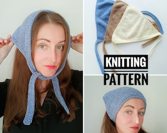 May include: Knitting pattern for a blue knitted bonnet with ties. The pattern includes instructions for making the bonnet in different colors.
