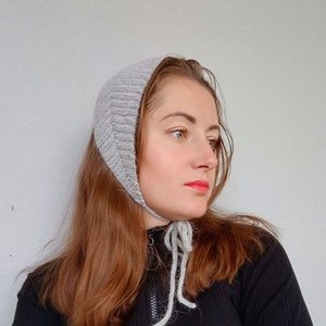 Gray Angora Aviator Hat | Vintage Crochet Bonnet with Ties | Adult Wool Knit Hat | Handmade Winter Hat | Cozy Gift for Sister