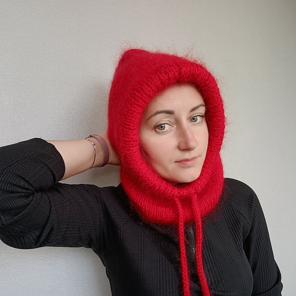 chapeau rouge mohair / casque cagoule / Capuche tricotée / Masque de ski / écharpe à capuche / chapeau de snowboard d’hiver / cadeau pour colocataire /