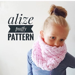 Mönster för virkad barnhalsduk – Enkel oändlig halsduk med huva – Alize Puffy Hand Knit – Mysig vinterhalsduk med öglor – Nybörjarvänlig DIY