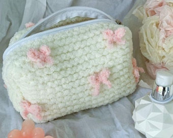 Plush Makeup Bag with Pink Bows – Cute Gift for Best Friend / Soft Cosmetic Pouch / Cream Zipper Bag / Kawaii Makeup Organizer / Handmade
