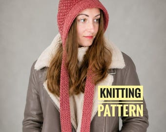 PDF Knit Pattern for Adult Pixie Hood – Women's Bonnet Hat with Ties – Knitting Pattern for Hood Hat – Digital Download