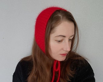 Red Angora Bonnet – Fluffy Knit Ear Warmer, Cozy Winter Headband, Handmade Wool Headwear