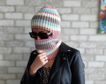 balaclava winter hats / ski hat / knit hooded cowl / face cover / chunky knit hat / slouchy rainbow hat / wool face mask / color block