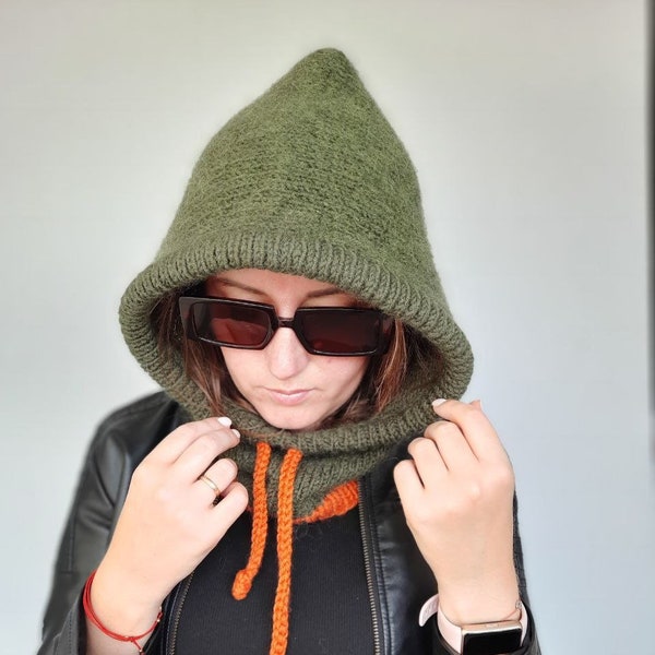 mohair hooded scarf / cowl scarf / balaclava ski mask / wool winter hats / green hat / helmet mask / hats for women
