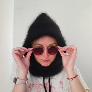 Hand-Knitted Angora Hood Balaclava | Soft & Warm Fluffy Knit Snood | Cozy Winter Hat | Stylish Hooded Scarf | Trendy Handmade Knitwear