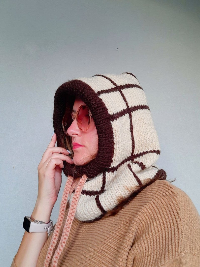 color block winter hood / chunky knit / wool hat balaclava / scarf with hood / winter hats / pixie hood / cowl scarf image 1