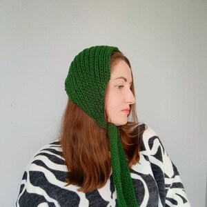 green wool bonnet hat / knitted headband / head hair scarf bandana / knitted headband / vintage head scarf / neck warmer scarf image 5