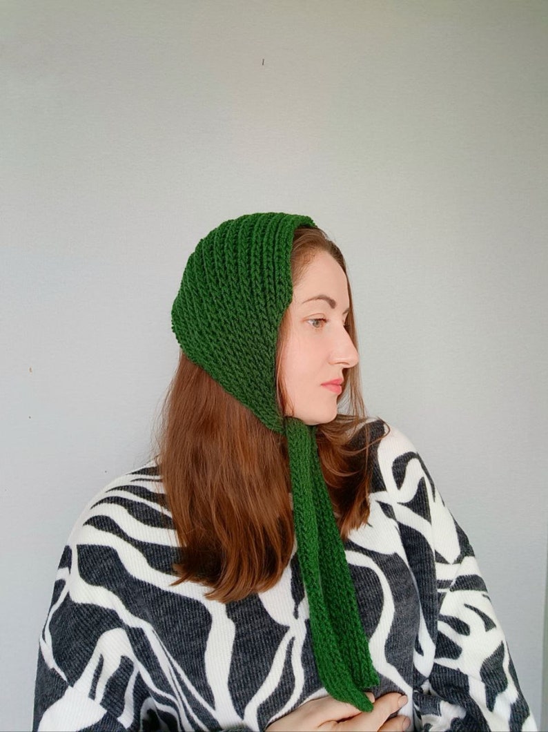 green wool bonnet hat / knitted headband / head hair scarf bandana / knitted headband / vintage head scarf / neck warmer scarf image 5