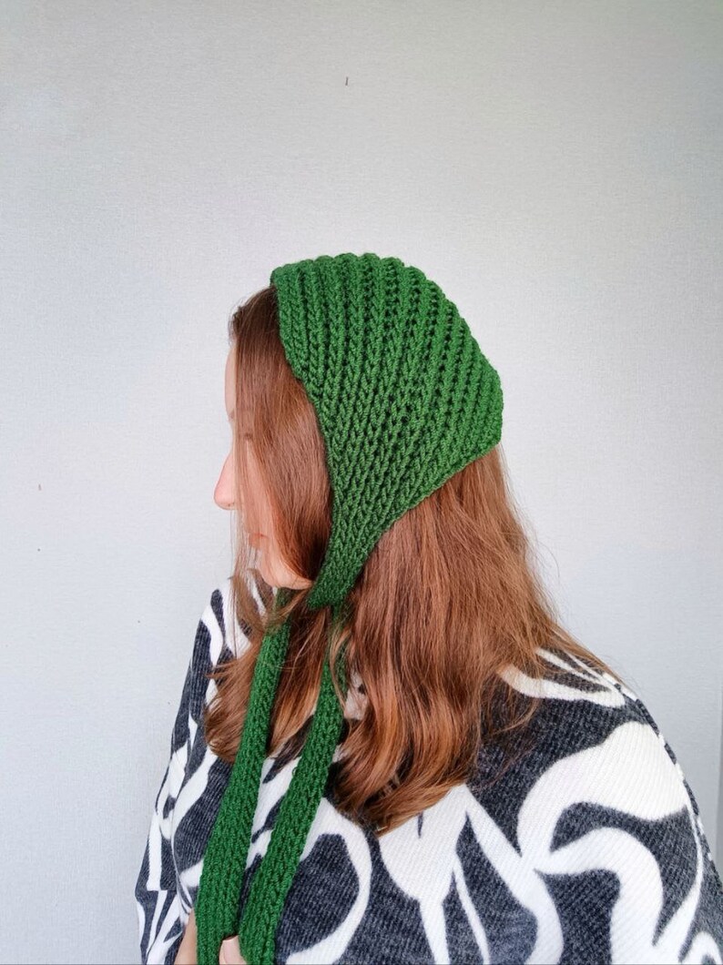 green wool bonnet hat / knitted headband / head hair scarf bandana / knitted headband / vintage head scarf / neck warmer scarf image 6