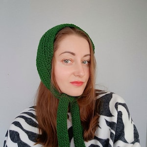 green wool bonnet hat / knitted headband / head hair scarf bandana / knitted headband / vintage head scarf / neck warmer scarf image 1