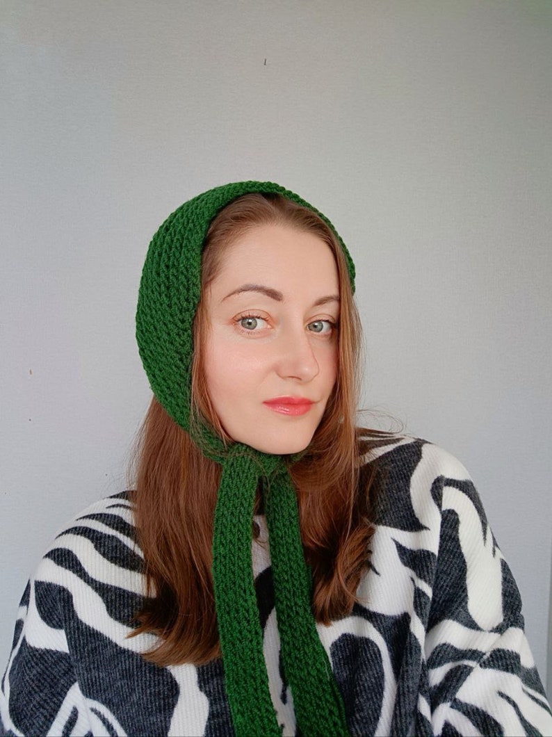 green wool bonnet hat / knitted headband / head hair scarf bandana / knitted headband / vintage head scarf / neck warmer scarf image 1