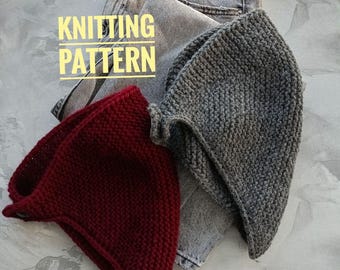 May include: Two knitted hats, one red and one gray, are laid out on top of a pair of blue jeans. The text "Knitting Pattern" is visible in the image.