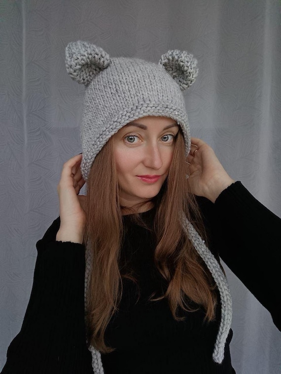 Bear Ears Hat Chunky Knit Winter Bonnet Women's Knit Hat With