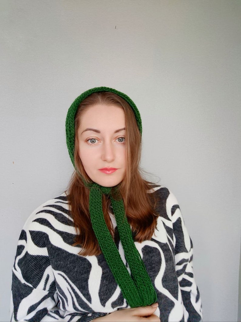 green wool bonnet hat / knitted headband / head hair scarf bandana / knitted headband / vintage head scarf / neck warmer scarf image 2