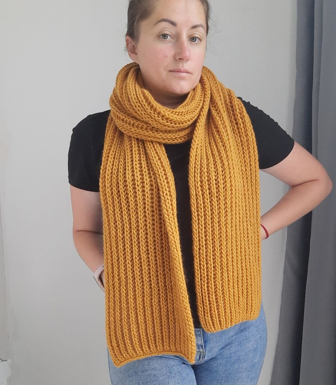 Chunky Knit Yellow Scarf – Handmade Wool Long Scarf – Mustard Yellow ...