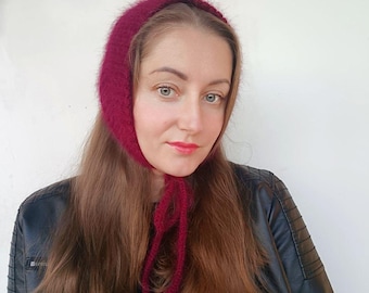 Burgundy Angora Vintage Knit Bonnet | Handmade Mohair Hat with Ties | Women’s Retro Headband | Red Crochet Bonnet | Winter Knitwear Gift
