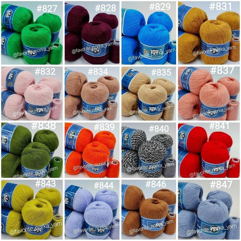 May include: A collection of sixteen sets of yarn balls in various solid colors and one speckled black and white pattern. Each set includes multiple balls of yarn wrapped with a blue label featuring a raccoon illustration and the text favorite_norka_yarn.