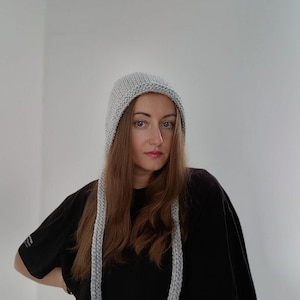 hand knitted wool bonnet for women / ear flap hat with ties / knit winter aviator hat / bonnet hood