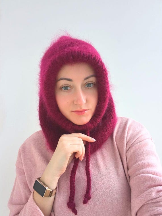 Burgundy Fuzzy Mohair Balaclava Open Face – Hand Knit Hooded  display picture 1