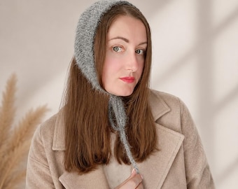 Angora Bonnet with Bow Ties – Handmade Soft Knit Hat for Women, Feminine Winter Hood, Cozy Vintage Style Headwear