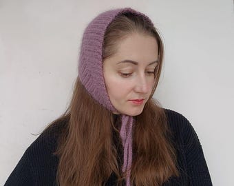 Vintage Pink Angora Bonnet – Mohair Wool Crochet Hood Hat with Ties – Soft Knit Headband for Women – Retro Winter Hat – Cottagecore Gift