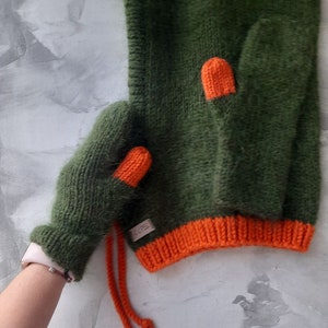 Emerald Green Mohair Hooded Scarf & Mittens Set – Hand Knit Colorblock Balaclava Cowl + Green Wool Mittens with Orange Detail