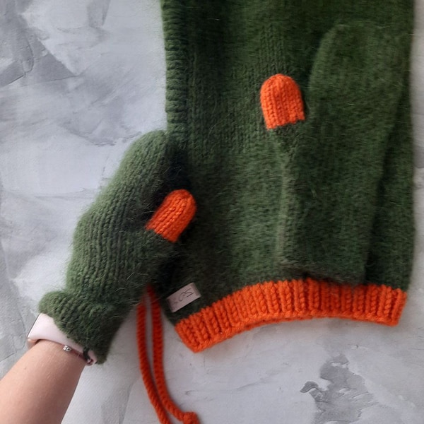 mohair mittens hooded scarf / emerald green / fur wool knit mittens for women / balaclava cowl scarf / gift set for her / Colorblock